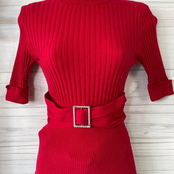 Sele Tops - Sele-Women’s Red Sweater blouse with belt.
